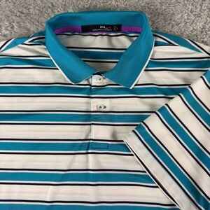 RLX Ralph Lauren Mens Golf Polo Shirt Large Turquoise Navy White Striped L